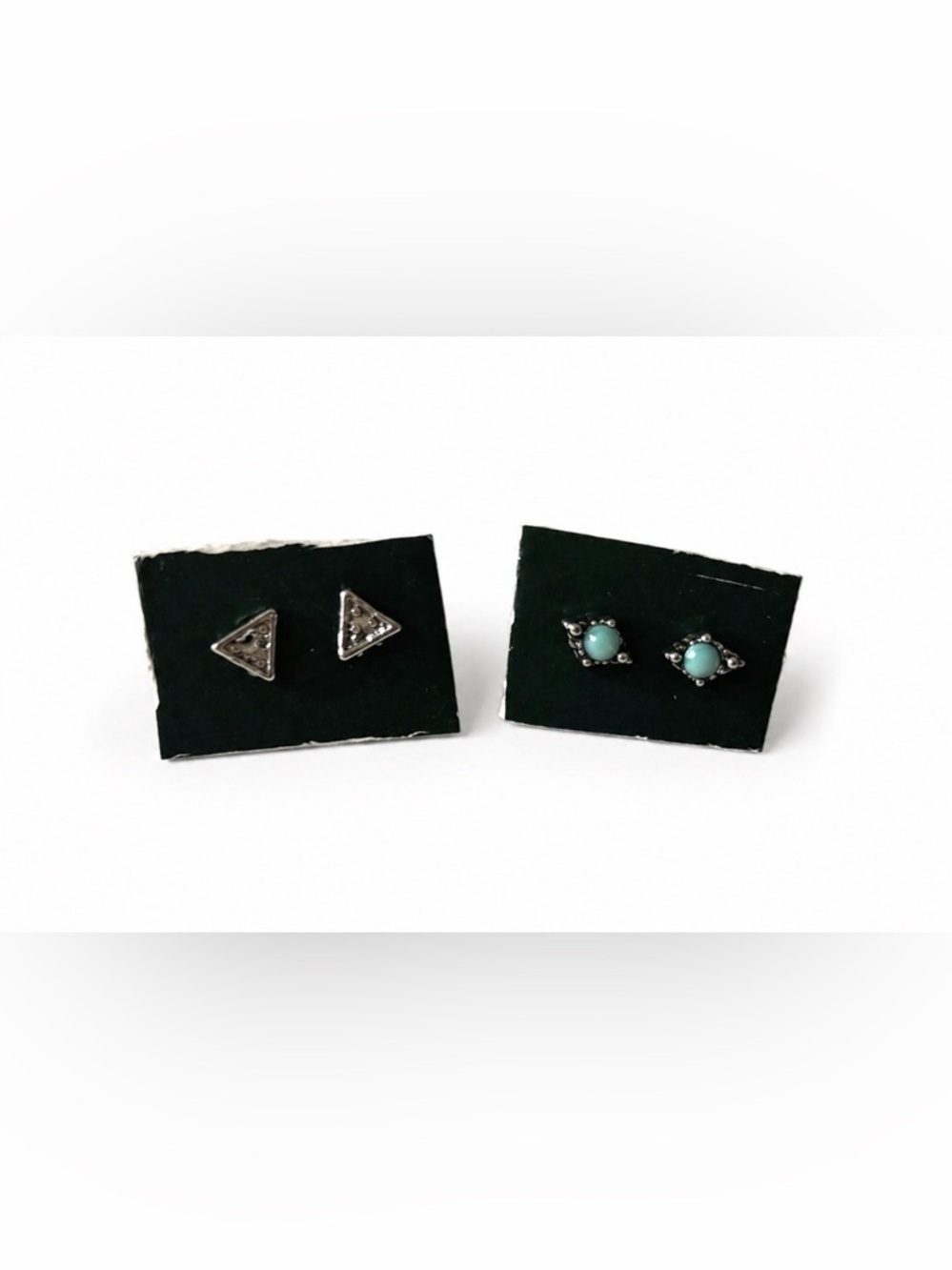 Silver Tone Stud Earrings Set Triangle & Turquoise Stone Minimalist Boho